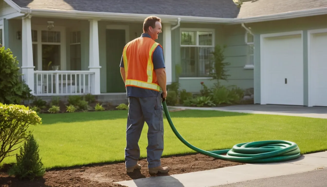 Friendly septic provider and homeowner talking beside an open septic tank access lid in a Kirtland backyard